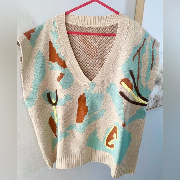 Knit Sleeveless Vest V-Neck Graphic Abstract Pattern Beige Oversized Loose Fit - Picture 8 of 11